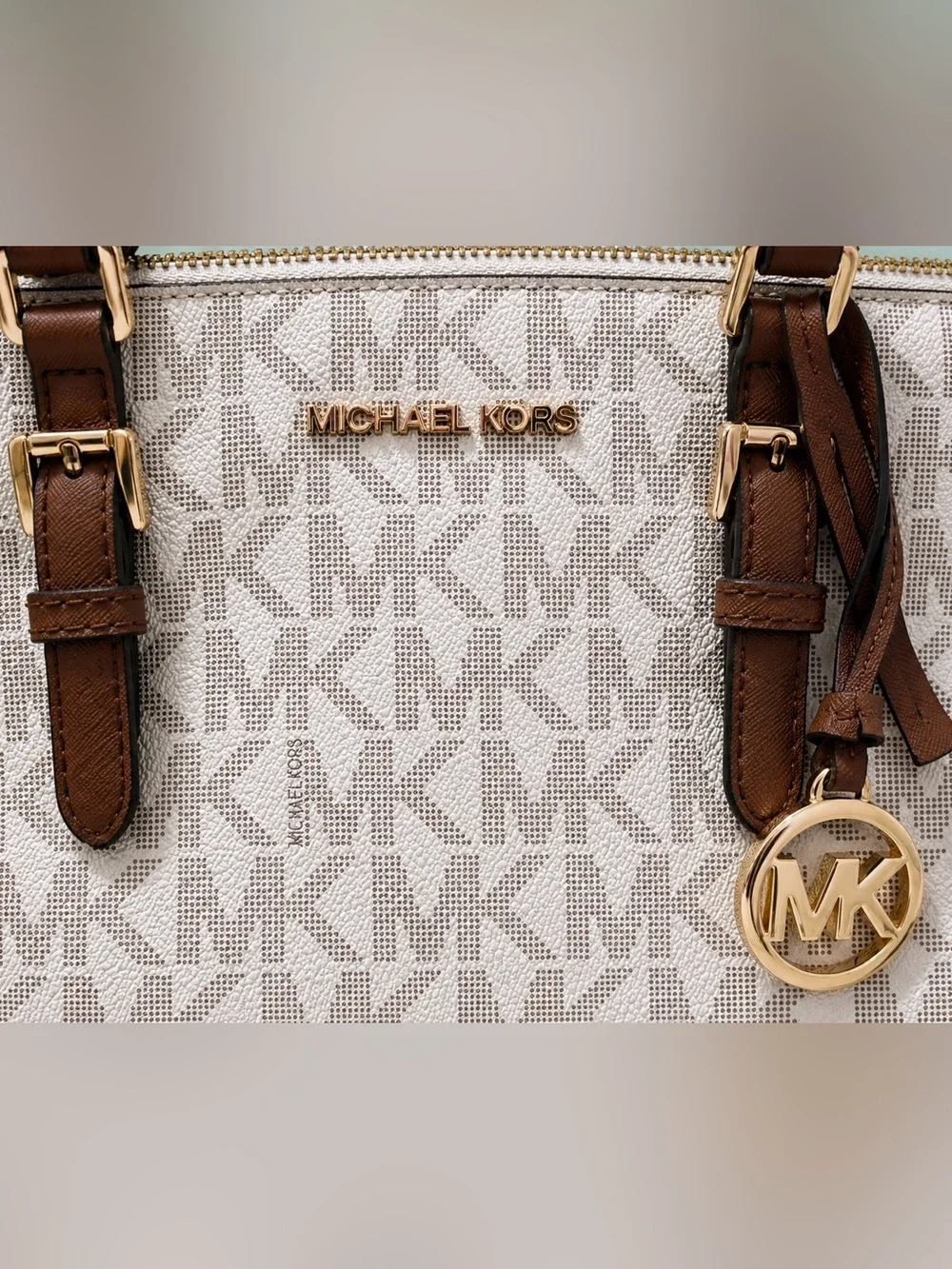 Michael Kors Signature MK Satchel Cream Brown Leather Crossbody